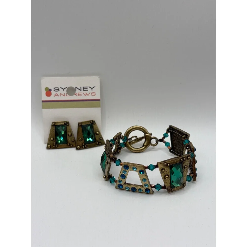 Sydney Andrews Green Crystal Brass Tone Geometric Bracelet and Earring Set